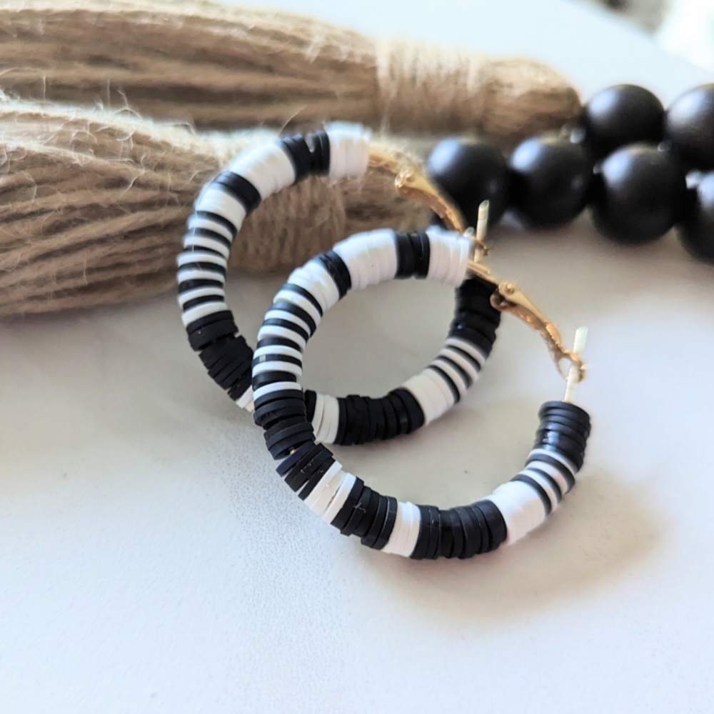 Black and White Striped Hoop Earrings
